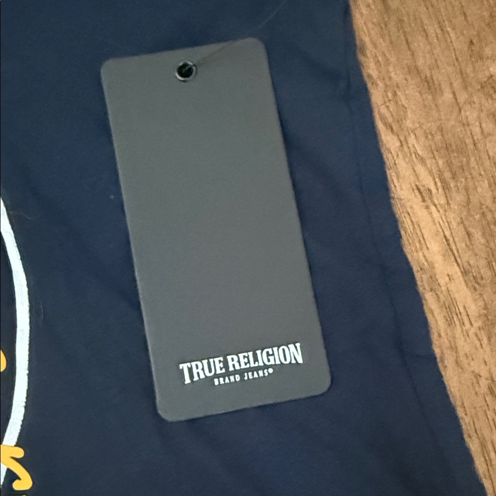 True Religion Navy Short-Sleeve Logo Graphic Tee with Yellow Script - Picture 3 of 4